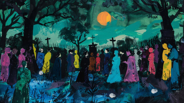 A group of somber figures gathered in the cemetery dd in brightly colored ses as they mourn under the moonlight. .