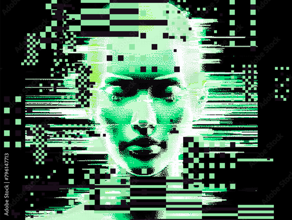 Poster glitched and pixelated silhouette of a 3d human head on a dark background. conceptual vector illustr