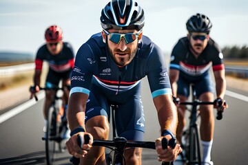 Close-up of a group of cyclists with professional racing sports gear riding on an open road cycling route.