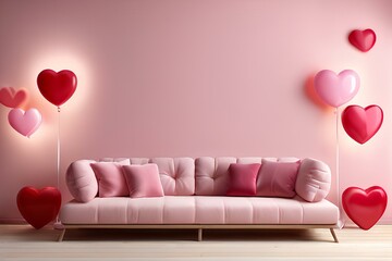 Interior of living room with sofa and decor for Valentine's Day with pink and red hearts and copy space background.