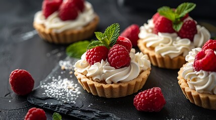 Delicious raspberry mini tarts with whipped cream on dark background - obrazy, fototapety, plakaty