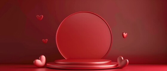 Valentine's day, 3d round podium or pedestal with red empty studio room, minimal product background with heart overlap behind, mock up for love concept display