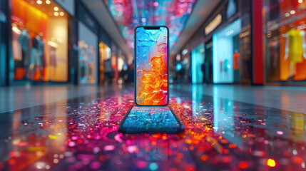 Electric blue cell phone on glass mall floor, reflecting fun event lighting