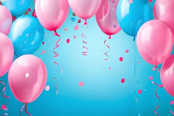 Pink and blue balloons and confetti background with copy space for festive gender reveal party or baby shower backdrop.