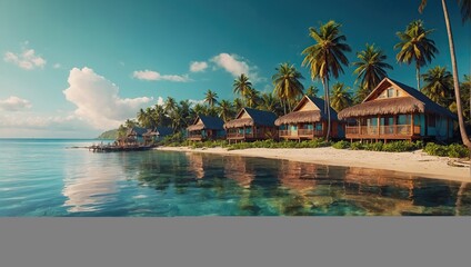 Obraz premium Modern tropical bungalow with a thatched roof on the beach with palm trees by the sea. Rent accommodation on a trip, a secluded vacation in a separate bungalow