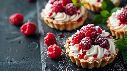 Delicious raspberry mini tarts with whipped cream on dark background - obrazy, fototapety, plakaty