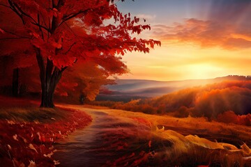 Banner background with autumn landscape with copy space , sun low over the horizon at sunrise in fall panorama view with red trees and falling leaves. - obrazy, fototapety, plakaty