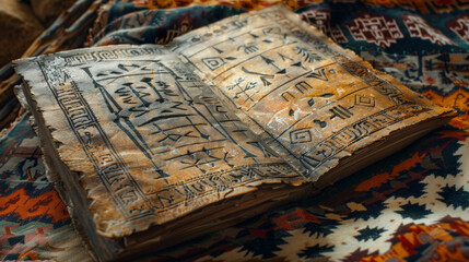 A dusty old book of spells its pages filled with ancient symbols and incantations p on an ornate Navajo rug. .