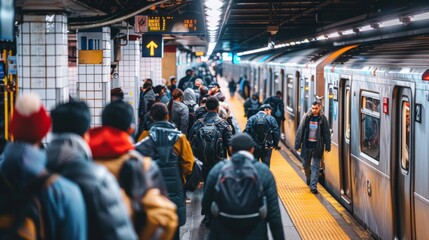 A crowded platform at a subway station, commuters waiting eagerly for the arrival of their train amidst the hustle and bustle of urban transit.