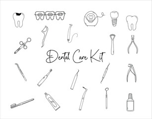 Dental care kit illustration outline style