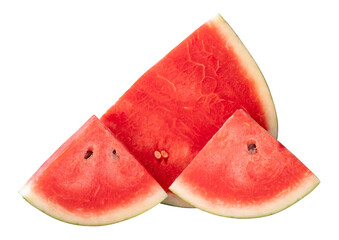 Front view of Fresh red watermelon quarter with slices in stack isolated with clipping path in png...