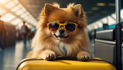 Pomeranian in sunglasses a tourist is sitting next to a suitcase at the airport. Traveling with a dog, pet carrier, stress from the heat. 