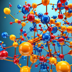 Colorful 3D glass molecules and atoms in blue background.