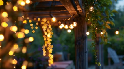 Fototapeta premium A decorative string of LED lights hanging from a pergola, illuminating an outdoor seating area and adding a festive touch to backyard gatherings.