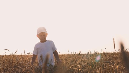 Smiling cute boy kid with white cap walking at sunny dry wheat field closeup. Adorable male child...