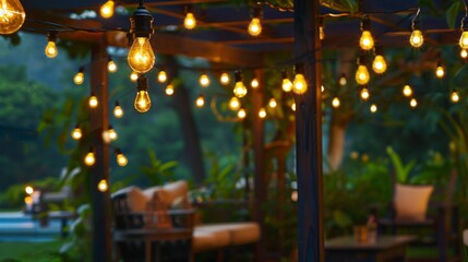 A decorative string of LED lights hanging from a pergola, illuminating an outdoor seating area and adding a festive touch to backyard gatherings. - obrazy, fototapety, plakaty