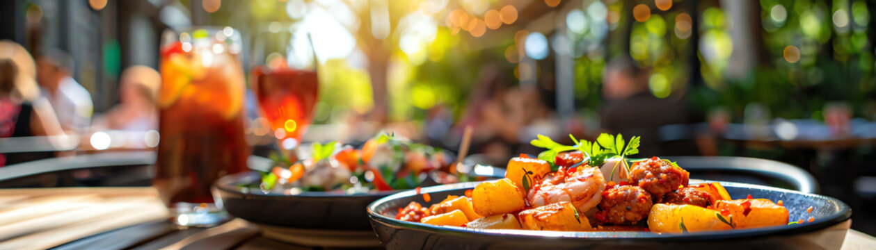 A Spanish tapas spread featuring patatas bravas, gambas al ajillo, and chorizo, served with sangria on a sunny terrace