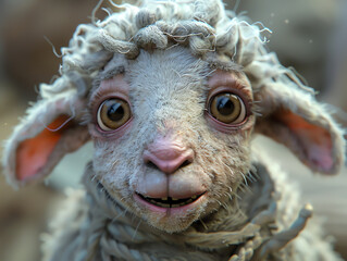 Obraz premium A sheephuman 3D face, soft and soothing, with woolly textures and calm eyes