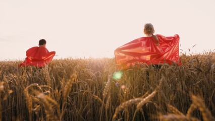 Happy kids in red superhero cloak running at sunlight dry wheat field back view. Joyful girl and...