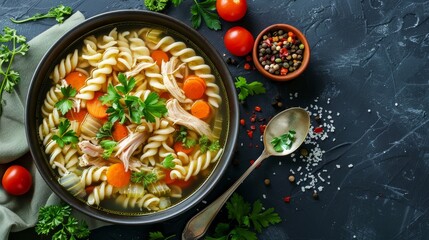 Homemade Chicken Noodle Soup top view, highlighting its health benefits with plenty of vegetables, whole wheat noodles, and low-sodium broth, isolated background for ads