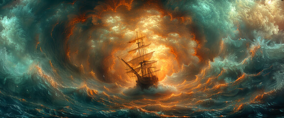 A dramatic scene unfolds as a pirate ship is engulfed by an vortex descending into an ocean vortex