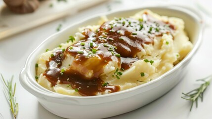 Heart-healthy mashed potatoes prepared with reduced-fat butter and non-dairy milk, accompanied by gravy made with minimal fat, isolated backdrop, studio lighting