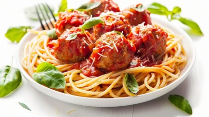 Heart-healthy Spaghetti and Meatballs setup, whole wheat pasta with turkey meatballs, draped in a vegetable-rich tomato sauce, ideal for nutritious diets, isolated background