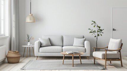 A light sofa against a white wall creates the impression of space and light. Modern interior design emphasizes minimalism, clean lines and functionality. The overall impression can be associated with 