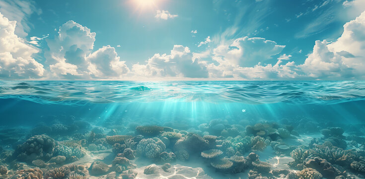 in the middle line between underwater and clear sky . clean and clear Ocean underwater view