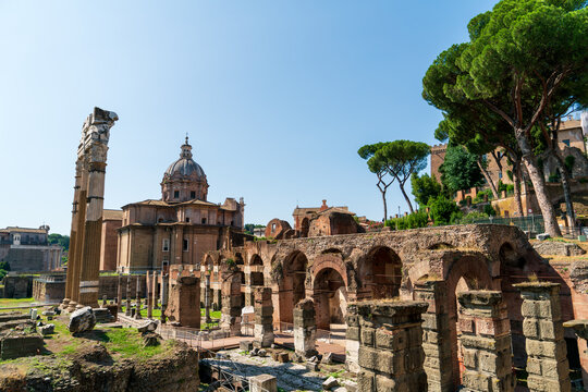 Rome, Italy. Temple of Venus the Progenitor. Forum Iulium, Santi Luca e Martin - Catholic Church. Roman forum