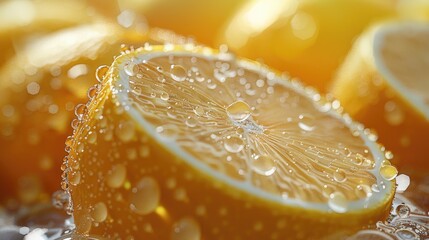 Lemon Slice with Water Droplets in Close-Up Macro View.