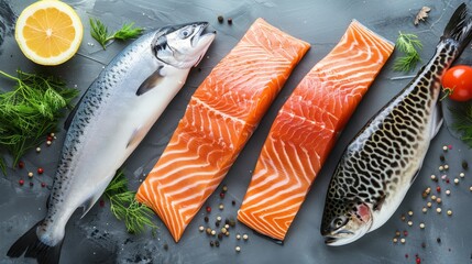 Gourmet selection of fatty fish, showcasing top view of salmon, mackerel, trout, perfectly suited for nutritious diet, on an isolated background