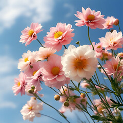 Spring flowers fly on a blue sky background. Beautiful pastel pink flower arrangement. Summer aesthetic concept.