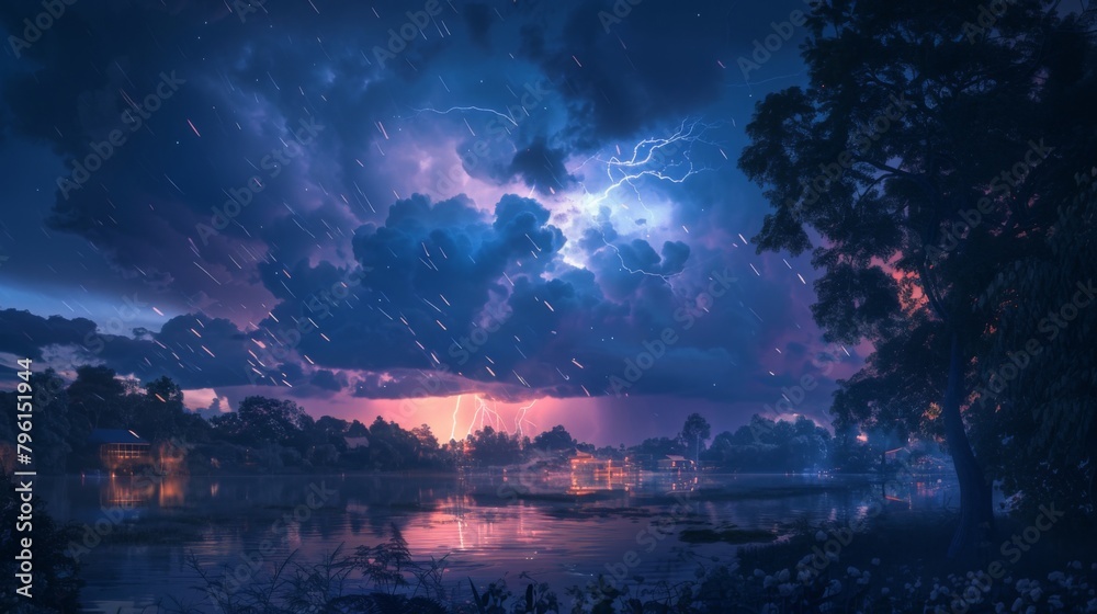 Poster a dramatic lightning storm illuminating the night sky, flashes of light and rumbling thunder adding 