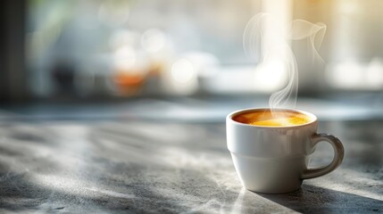 Warm Morning Espresso with Spiraling Steam in Sunrise Light.