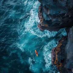 drone view, where mountain cliffs meets the raging ocean, large kayak floating in ocean - obrazy, fototapety, plakaty