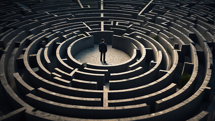 Wide perspective image of A Businessman standing in the middle of a maze, business problems and solutions concept, vision


