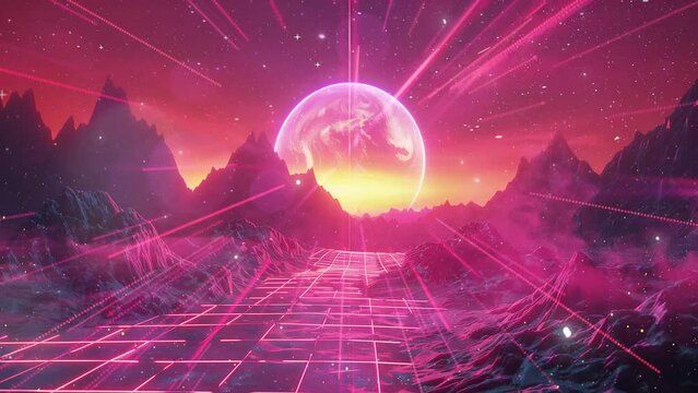 80s retro futuristic sci-fi retrowave vj video game. seamless looping overlay 4k virtual video animation background
