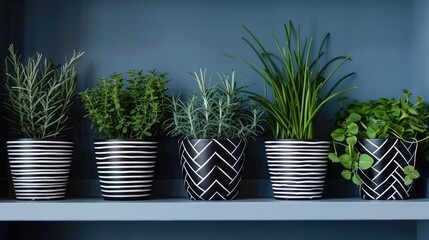 Stylish Geometric Potted Plant Shelf with Dark Blue Backdrop
