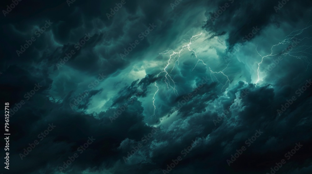 Poster a dramatic thunderstorm brewing on the horizon, with dark clouds gathering and lightning flashing ac