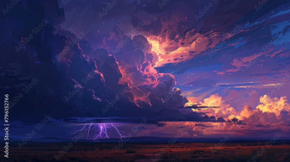 Poster a dramatic thunderstorm brewing on the horizon, with dark clouds gathering and lightning flashing ac