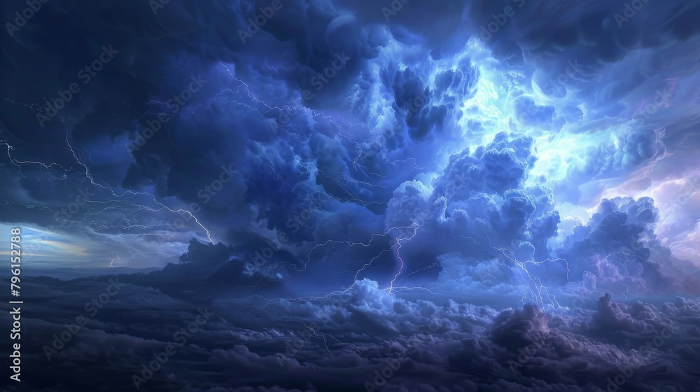 Poster a dramatic thunderstorm brewing on the horizon, with dark clouds gathering and lightning flashing ac