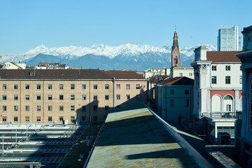 Views of the city of Turin surrounded by snow-capped mountains