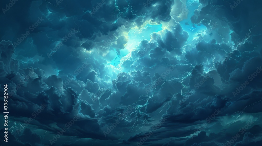 Poster a dramatic thunderstorm brewing on the horizon, with dark clouds gathering and lightning flashing ac