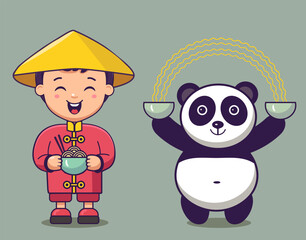 panda and boy with noodle vector illustration