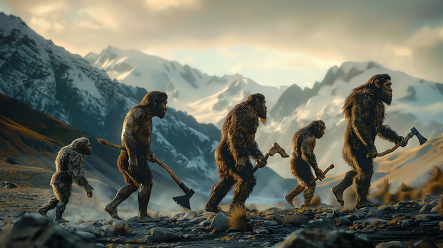 A visualization of human evolution focusing on the development of tools and technology, from stone axes to quantum computers