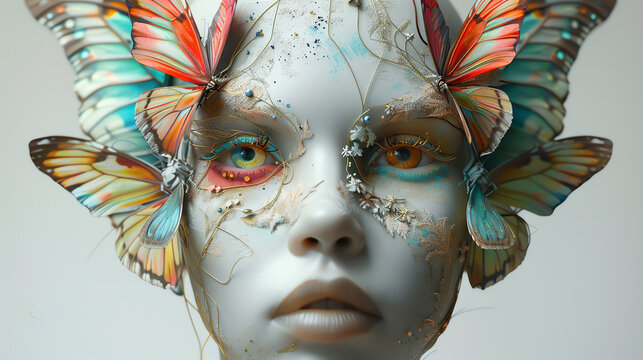 A whimsical 3D face blend of human and butterfly, with one side sprouting delicate, colorful wings