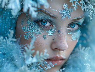 A winter princess with icy blue makeup and snowflake designs around her eyes