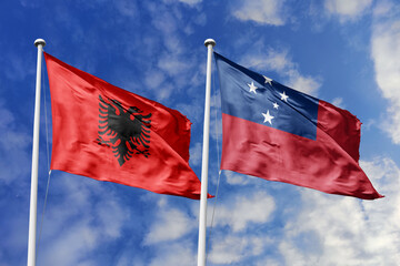 3d illustration. Albania and Samoa Flag waving in sky. High detailed waving flag. 3D render. Waving in sky. Flags fluttered in the cloudy sky.