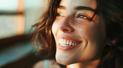 Radiant Young Woman Smiling Joyfully in Natural Light.